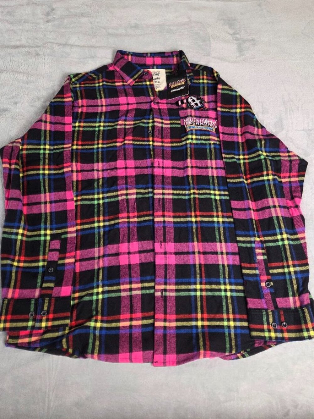 Cakeworthy Killer Klowns From Outer Space Flannel Shirt 2XL Neon Plaid MGM 2XL
